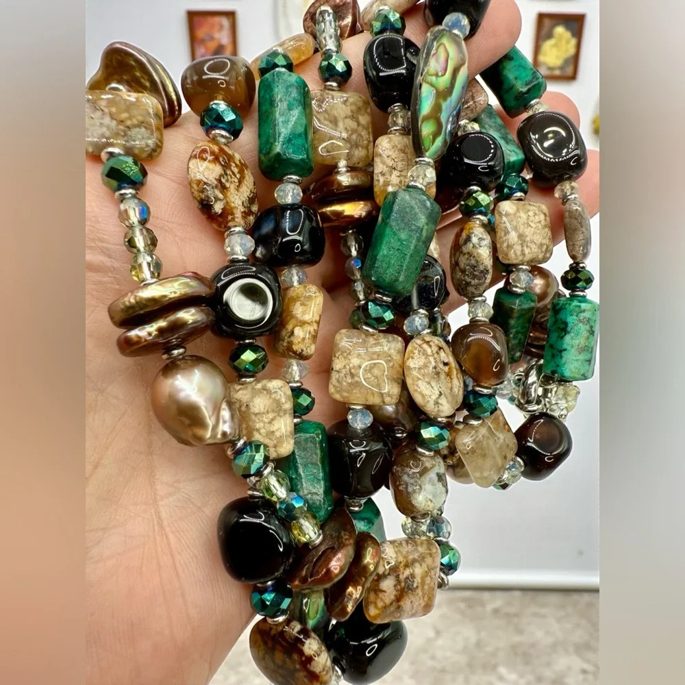 Three-Strand Multi-Gemstone Flameball Pearl Shell & Crystal Necklace 18” 20” 22” - Picture 11 of 17